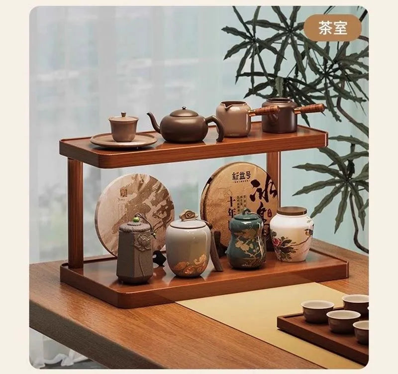 Versatile 2-Tier Wooden Storage Rack for Kitchen&Tea Room-Countertop Organizer with Decorative Desktop Multi-layer Storage Rack