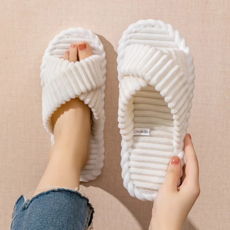 Fashion Corduroy Cross Band Open Toe Home Slippers Women Autumn Winter Warm Plush Slides Ladies Bedroom Soft Sole Slippers