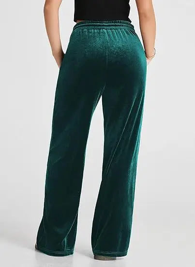 Women's High Waist Velvet Wide Leg Pants Drawstring Elastic Waist Loose Casual Trousers Autumn Winter Solid Color Long Pants B