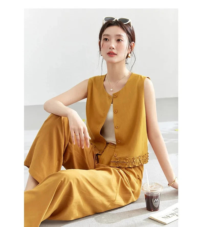 VIMLY Office Two-Piece Set Women 2026 Summer New Fashion Ruffle Hem Cropped Sleeveless Vest Wide Leg Pants Casual Outfit A6153