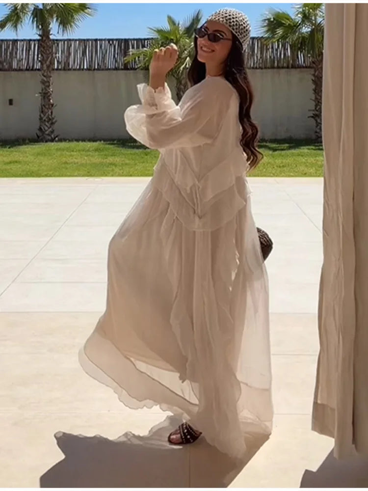 2026 Casual Solid Ruffles Patchwork Robe Women Minimalist Full Sleeve Mesh Loose Fit Lace Up Maxi Dress Vacation Daily Date Wear