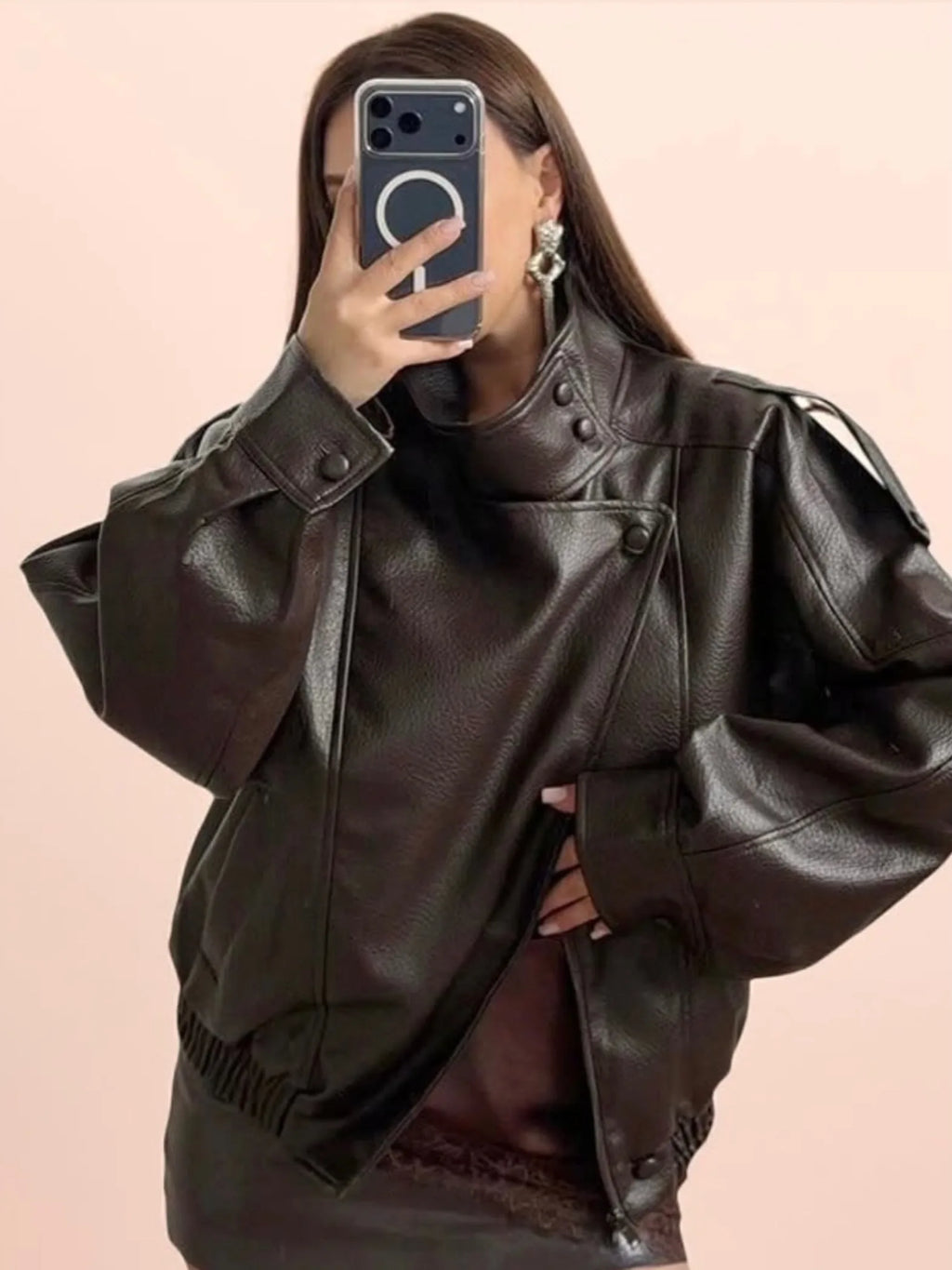 Fashion Black Faux Leather Short Jackets Women Retro High Neck Long Sleeve Oversized Coats Lady Autumn Winter Classic Streetwear