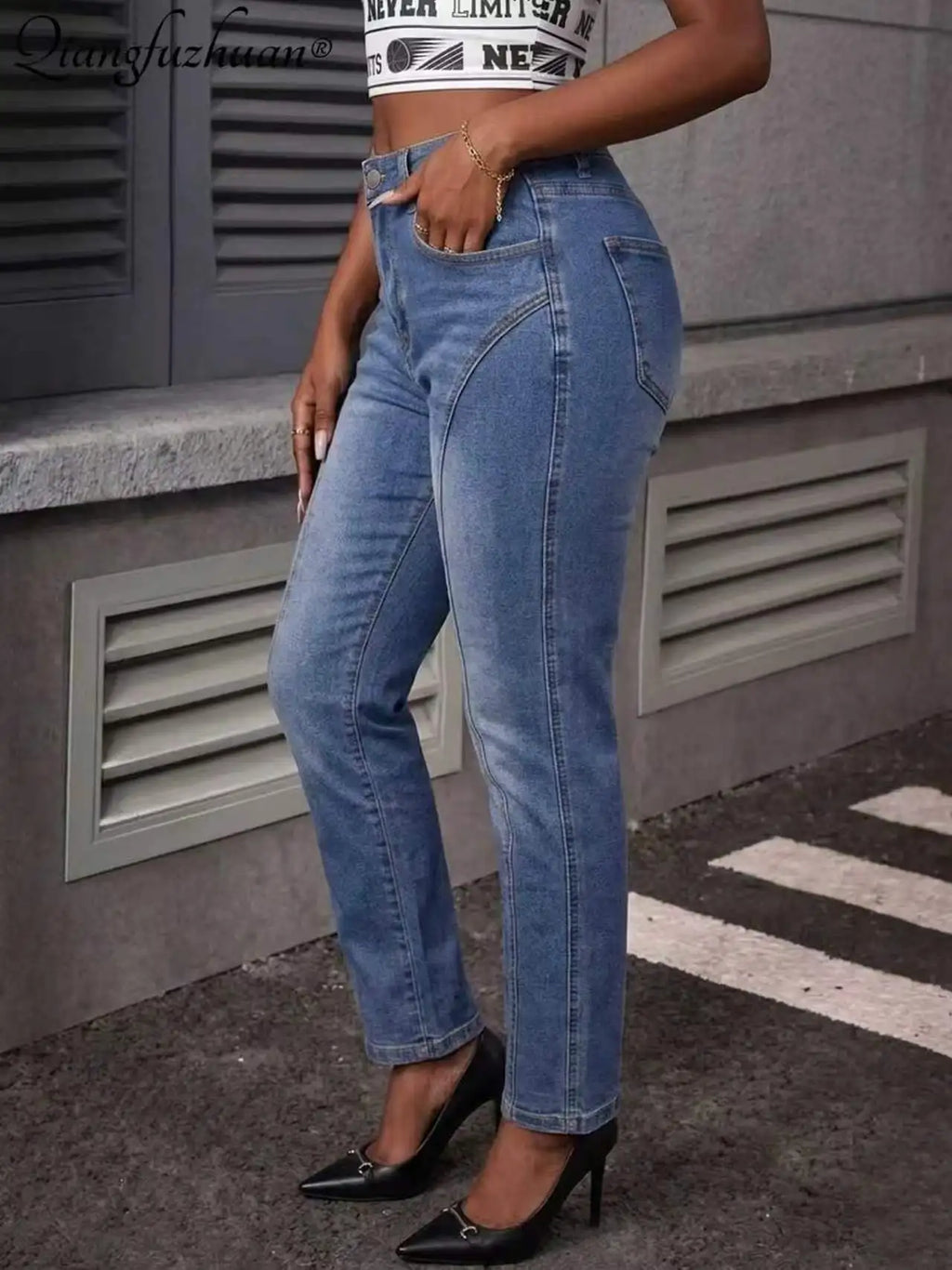 Design-inspired blended washed blue jeans for women - flattering for all leg shapes, stylish straight-leg long pants