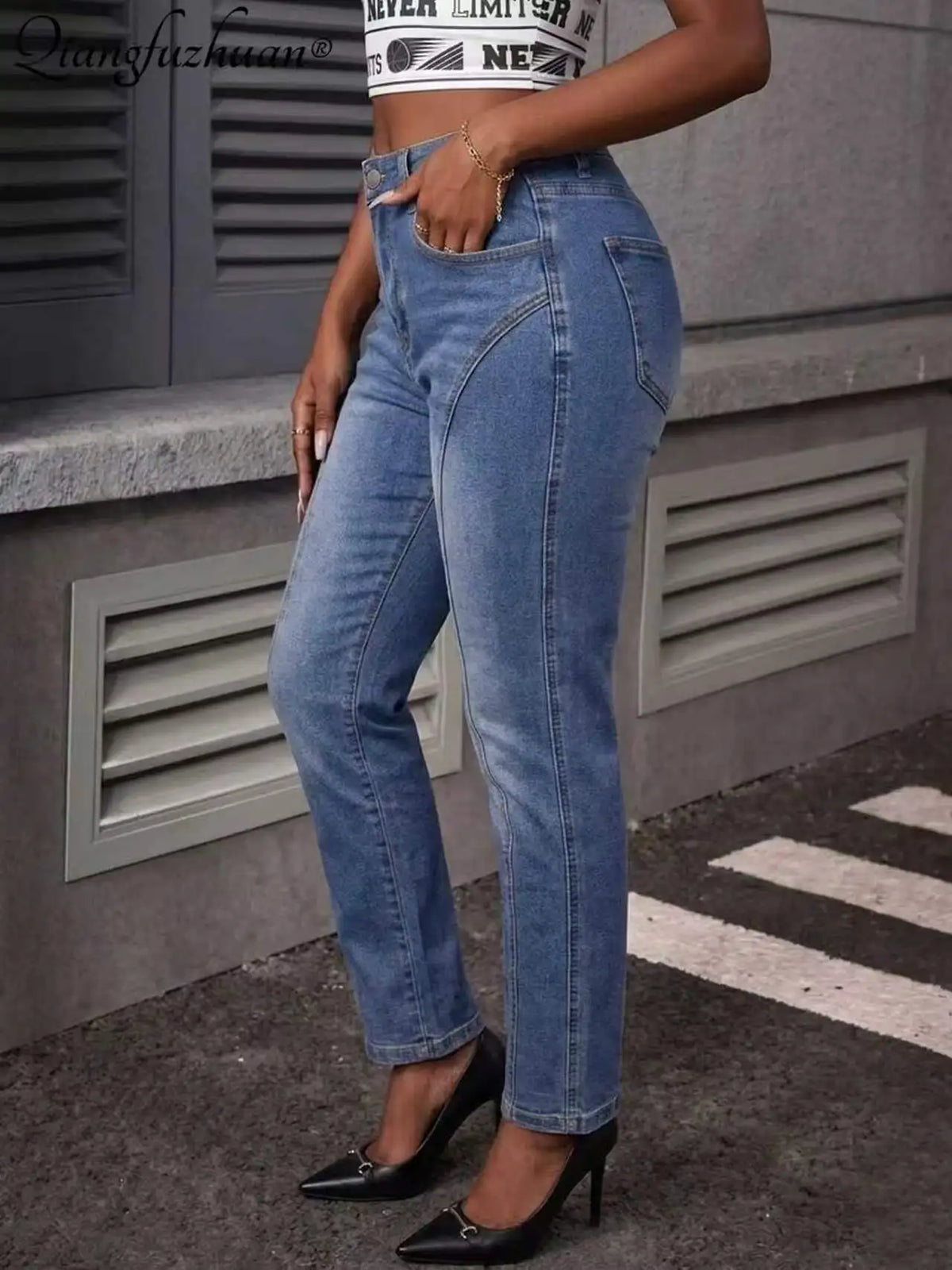 Design-inspired blended washed blue jeans for women - flattering for all leg shapes, stylish straight-leg long pants