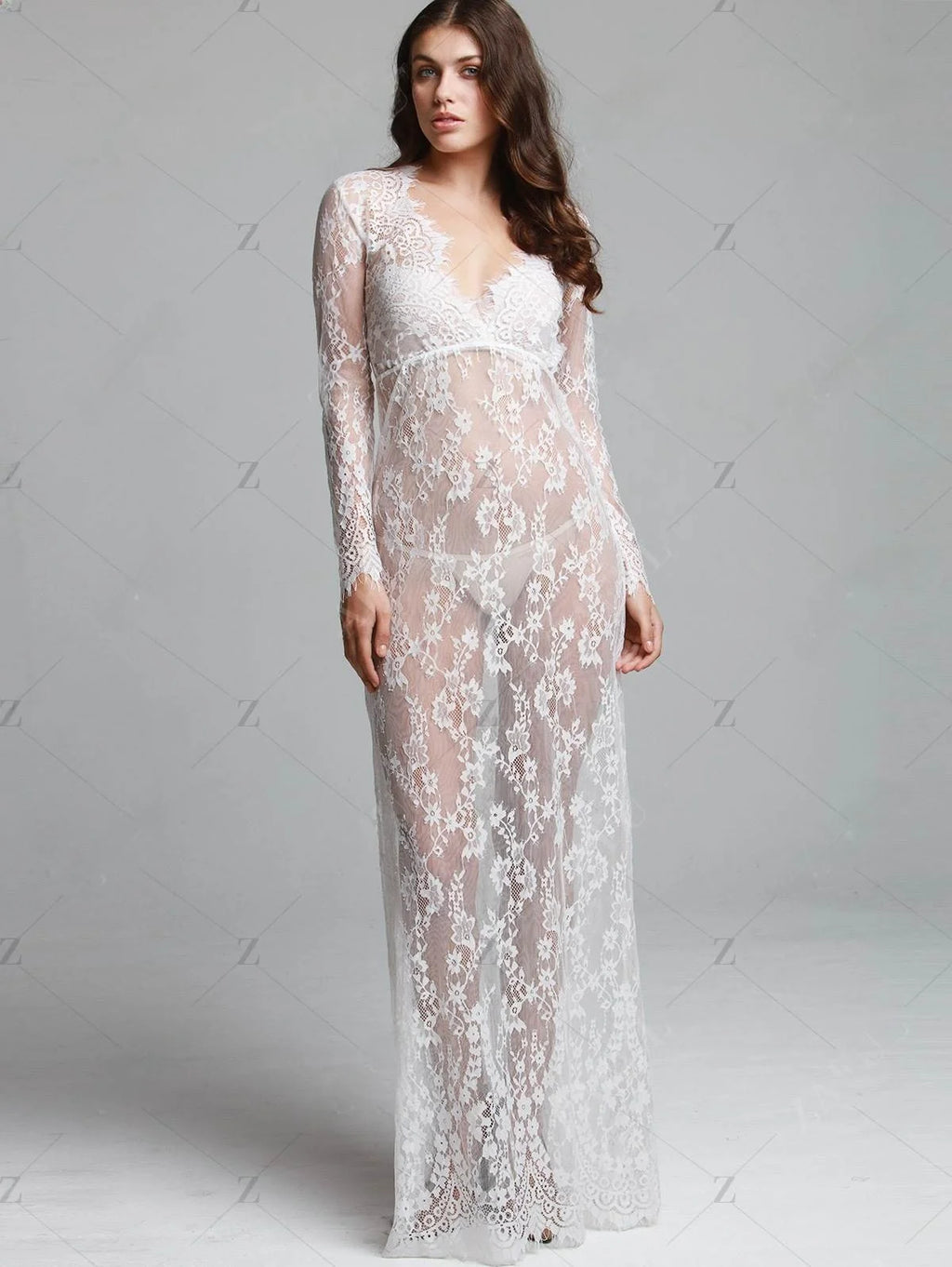 Fashionable Sexy Deep Collar Long Sleeve Lace See-through Bodycon Gown Trendy Women's Dress Elegant Draped Skirt Maxi Dress