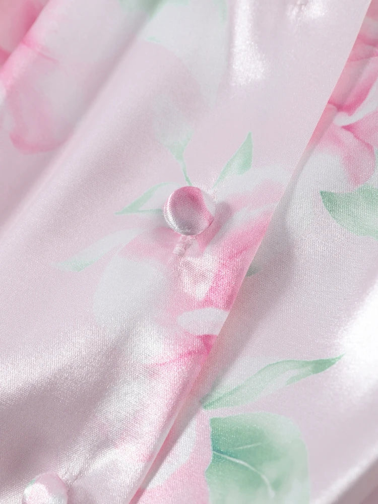 Women Rose Print Dress Puff Long Sleeve Mini Dress Sheer Mesh Ruffle Hem Button Front Fairy Party Short Dresses Summer Wear