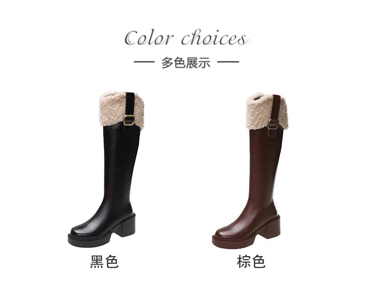Winter Knee High Brown Long Boots Comfort Square Heel Zip Belt Buckle Platform Boots for Women  Plush Edge Warm Gothic Shoes