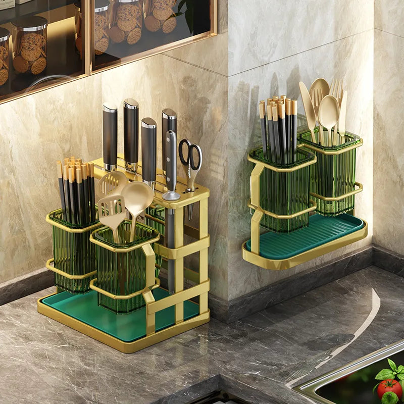 Kitchen Countertop Cutlery Holder Wall Mounted Kitchen Utensil Organizer Rack Knife Holder Spoon Fork Drain Storage Rack