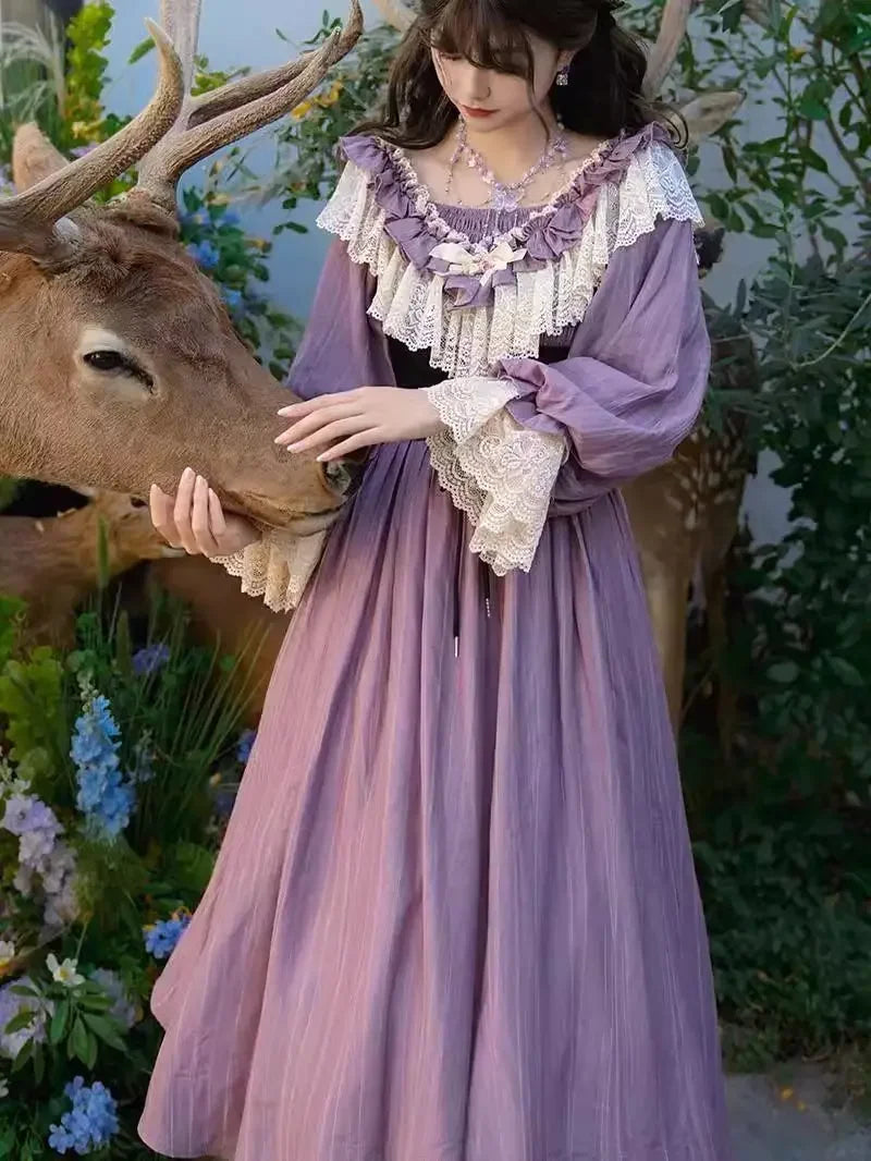 Nicemix Purple Classic Vintage Lantern Sleeve Lolita Dress Spring Lace Spliced Sweet Slimming A-line Dress