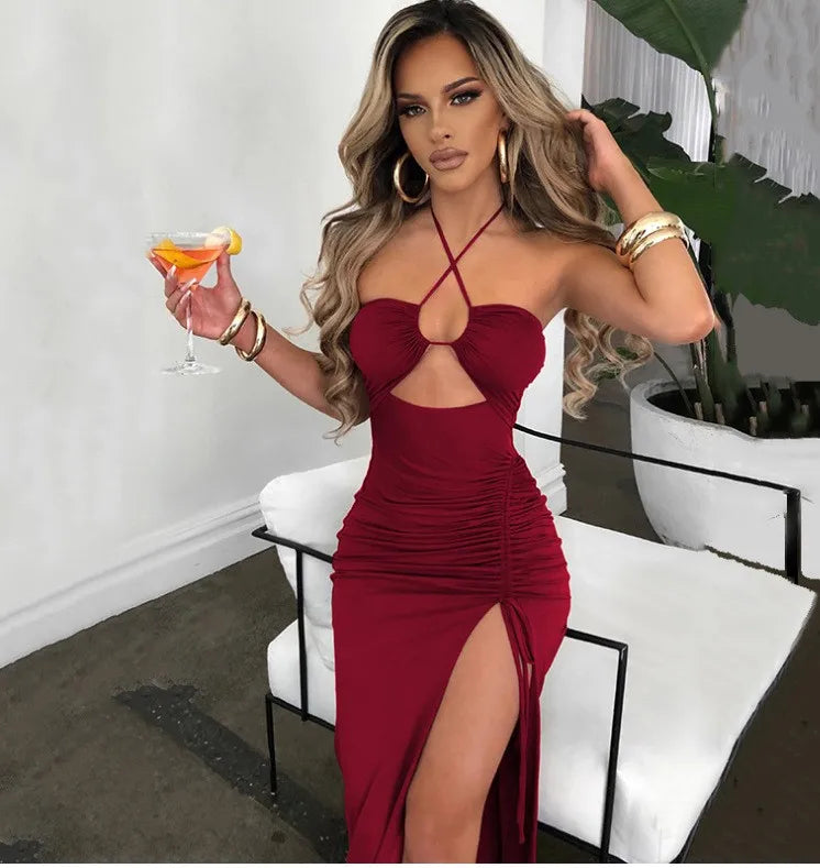 Women's Elegant Party Summer Sleeveless Halter Neck High Waist Pencil Dress Long Backless Cross Strap with High Slit Bodycon