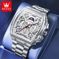 OLEVS 2942 New Mens Watch Tonneau Quartz Watch Stainless Steel Waterproof Sports Moon Phase Date Watches For Man Original Reloj