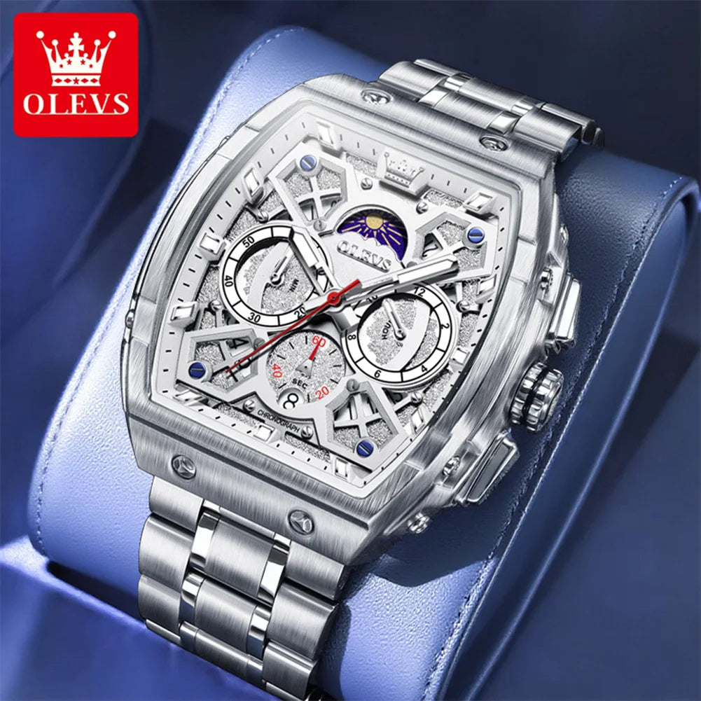 OLEVS 2942 New Mens Watch Tonneau Quartz Watch Stainless Steel Waterproof Sports Moon Phase Date Watches For Man Original Reloj