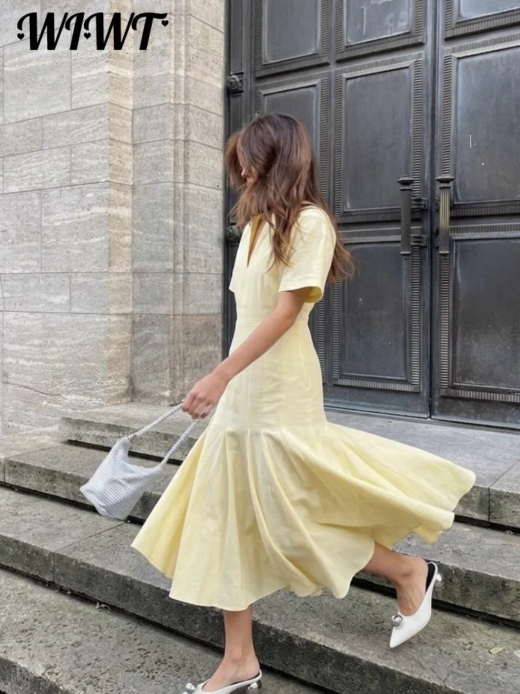 Elegant Pleated Waist-cinching Long Dress Women's Sexy V-neck Short Sleeve Bodycon Dresses 2026 Summer New Lady Solid Robes