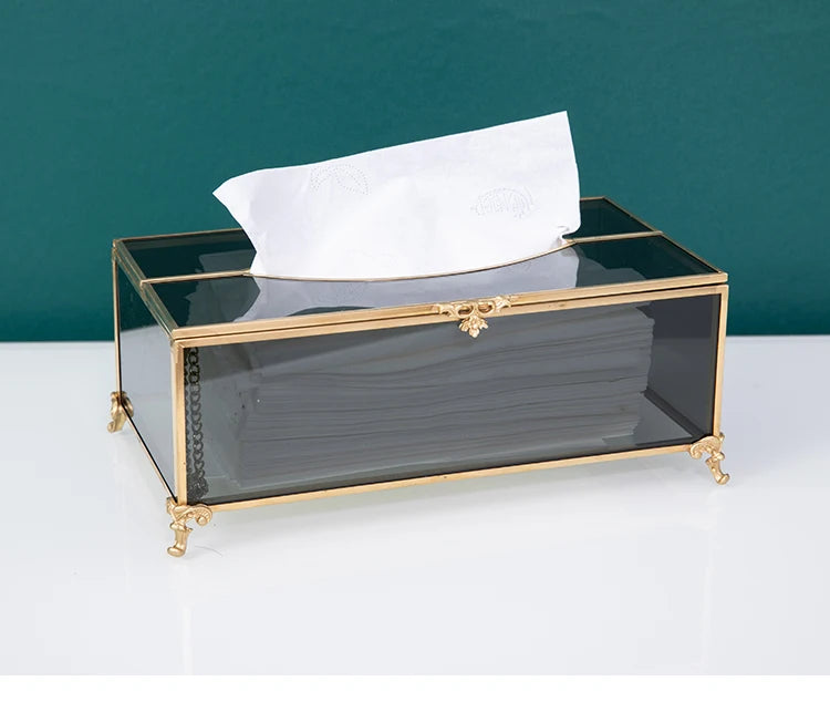 Vintage Brass Glass Tissue Box Living Room paper Storage Holder Tea Table Desktop Paper Box Hotel Restaurant Tissue Organizer