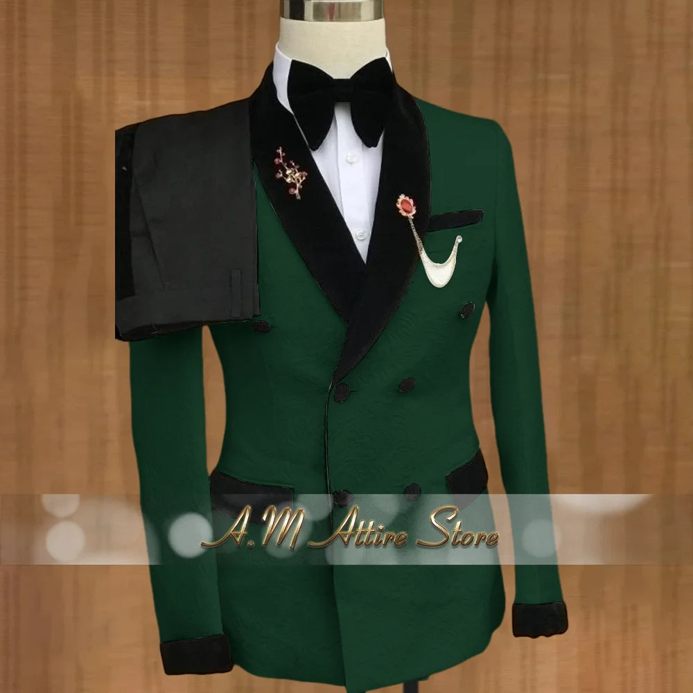 Luxury Wedding Attire for Men Tailored White Jacquard Suit with Black Velvet Shawl Lapel Accents for Grooms & Bridal Party 2PCS