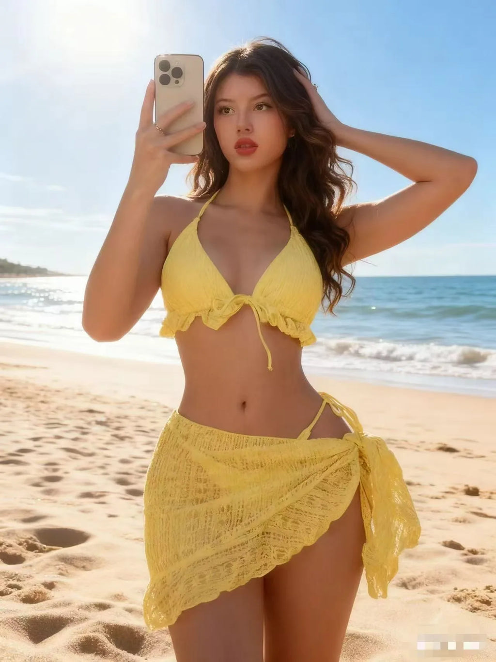 Women's Sexy Bikini Set 3 Piece Swimwear With Cover Up Skirt Beachwear Halter Top Bottoms Summer Vacation Swimming Suit Outfit
