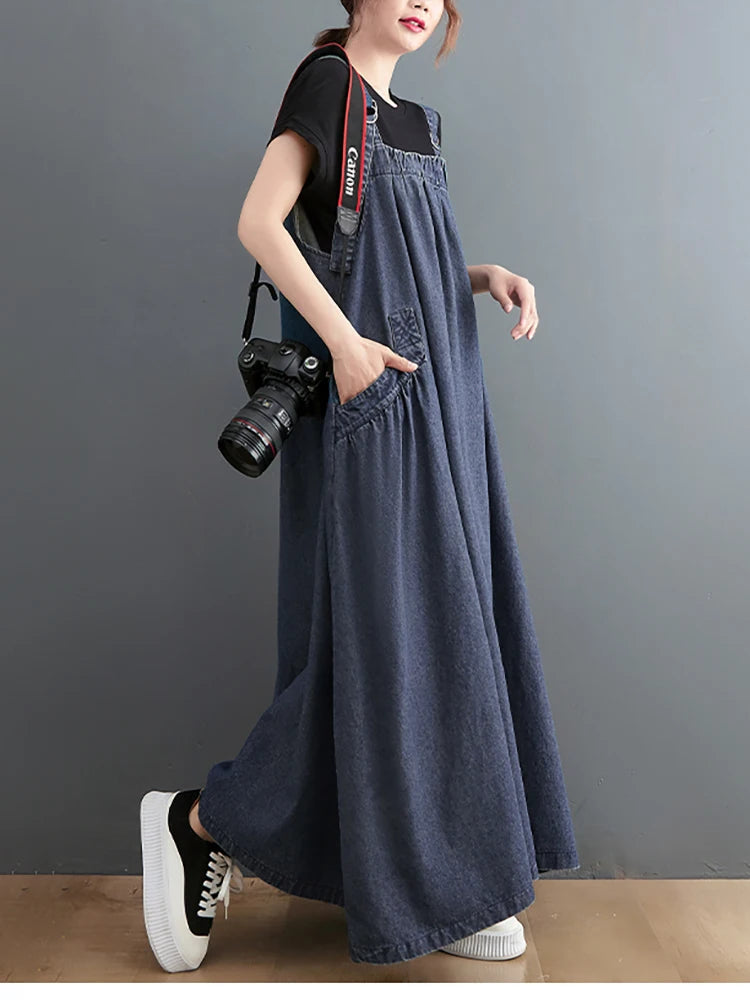 359 Spring Summer New Women Denim Suspender Long Skirt Loose Casual Punk Vintage Style Cargo Female Popular Large Swing Dress