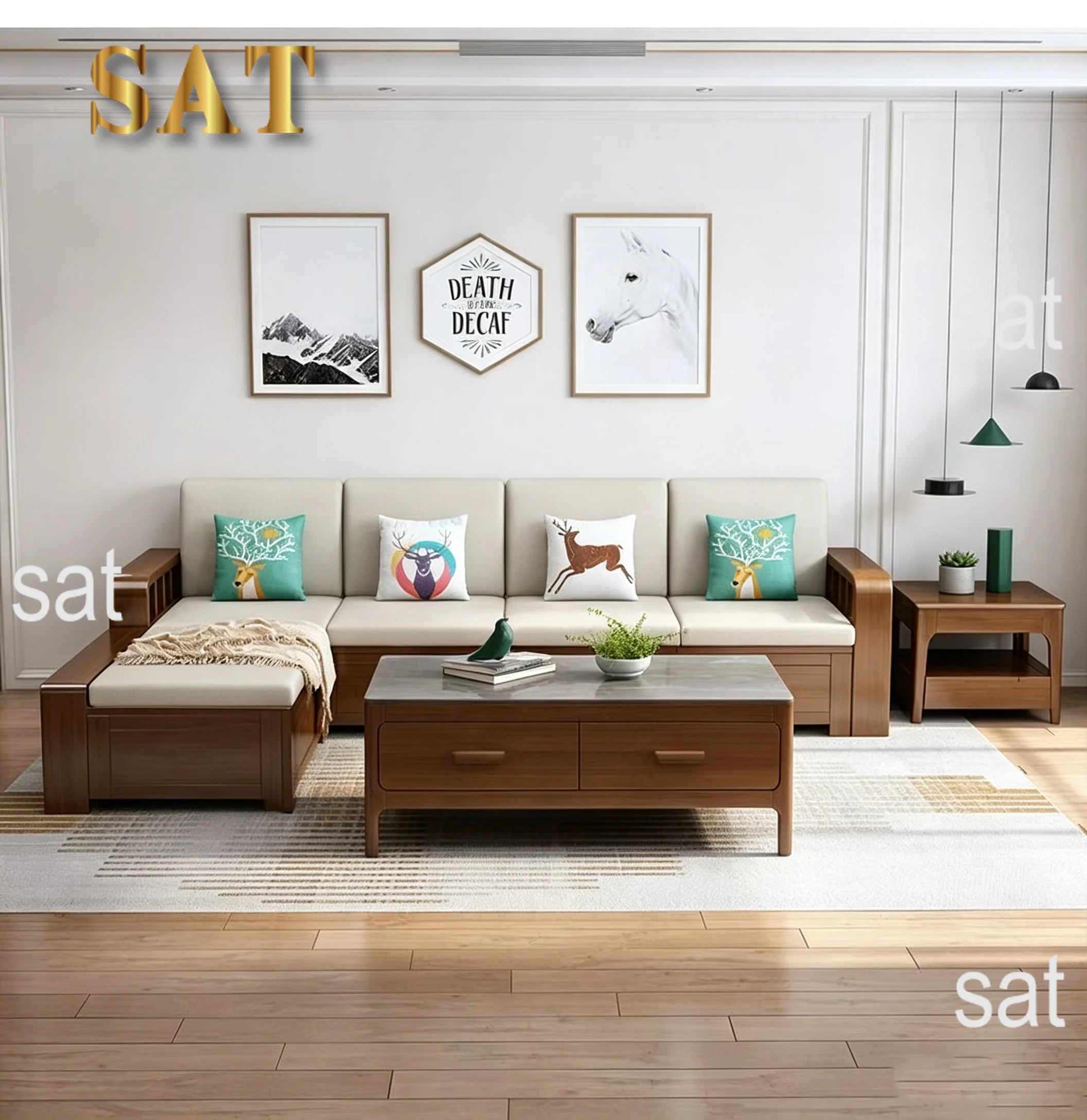 *Living Room Nordic Log Wood Storage Corner Sofa Winter  Summer Dual Use Fabric Wooden Sofa Combination