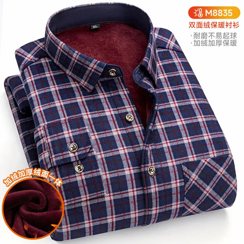 Winter Warm Shirts For Men Regular Fit Thicker Velvet Top Blouse Asia Plus Size Big Plaid Casual Clothing Long Sleeves Shirts