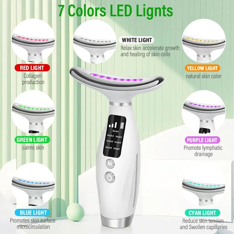 EMS micro current neck beauty instrument, 7-color facial massager, through vibration to enhance facial neck care