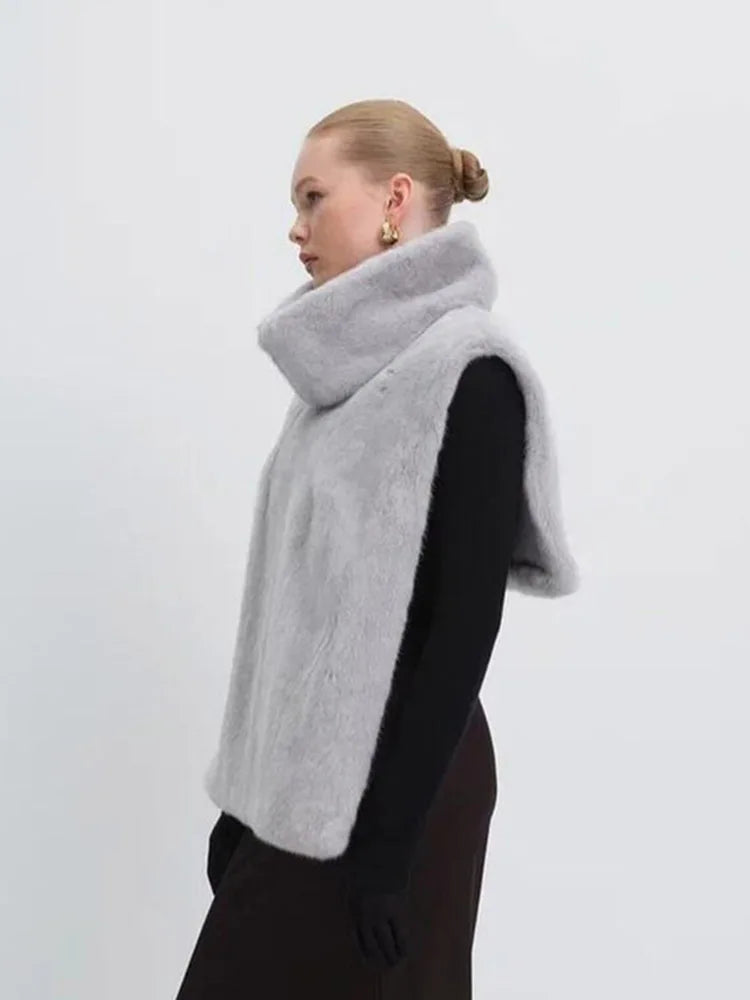 Solid Color Half Turtleneck Furry Sleeveless Top Patchwork Short Section Pullover Top 2025 Fall Woman'S Clothing Street