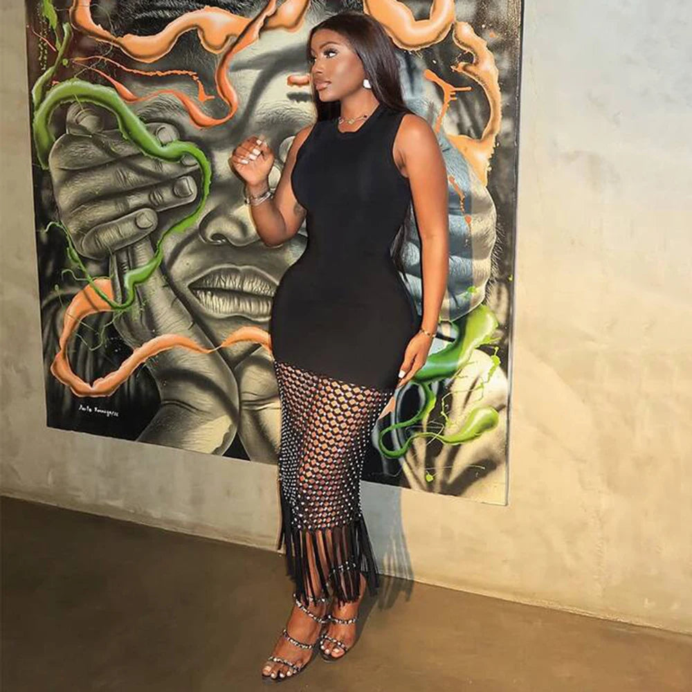2025 New Women Sleeveless Bandage Dress Sexy Beading Tassels Clothes Club Party Elegant Dresses