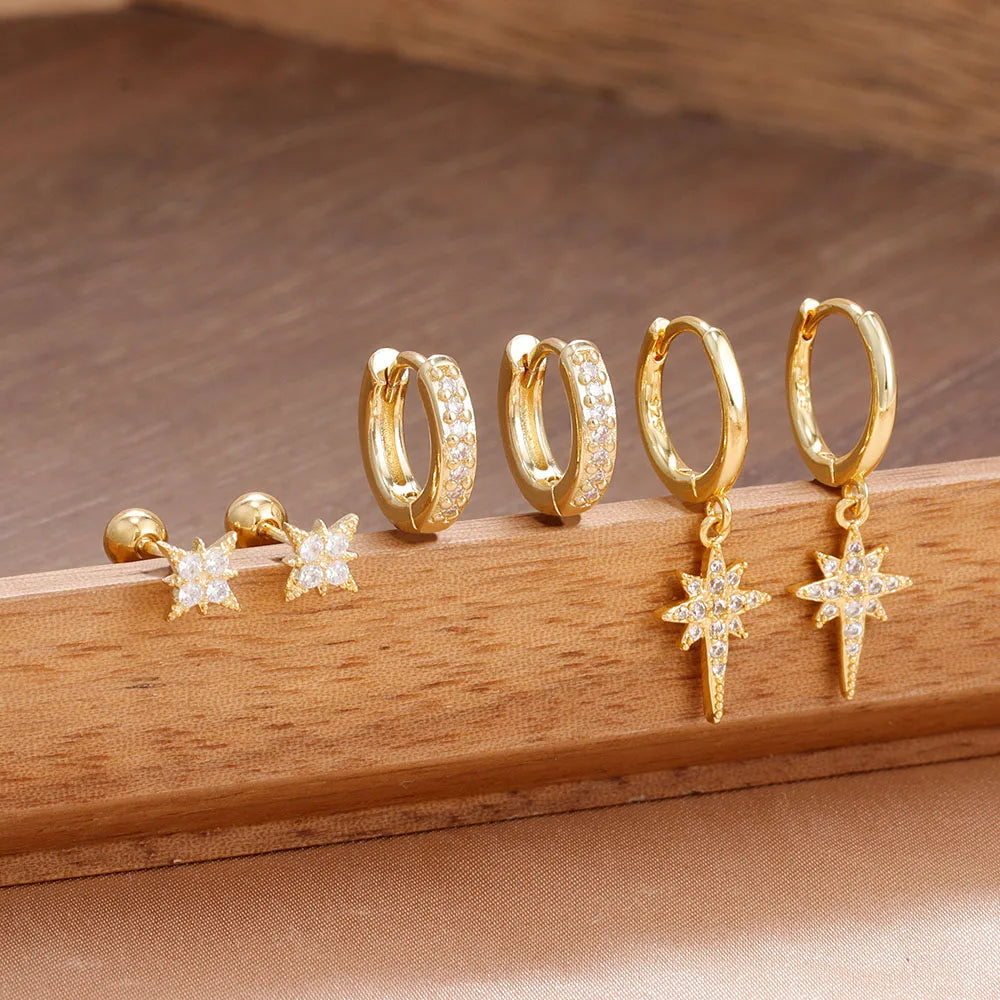3 Pairs Stainless Steel Zircon Hoop Earrings Set Trendy Twinkle Star Ear Stud Earring Jewelry Prevent Allergy Party Accessories