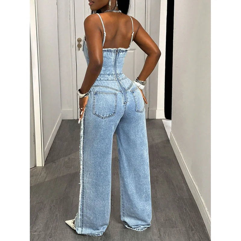 Benuynffy Sexy Spaghetti Strap Denim Jumpsuit Women Streetwear High Waist Backless Zipper Ripped Straight Leg Jeans Jumpsuits