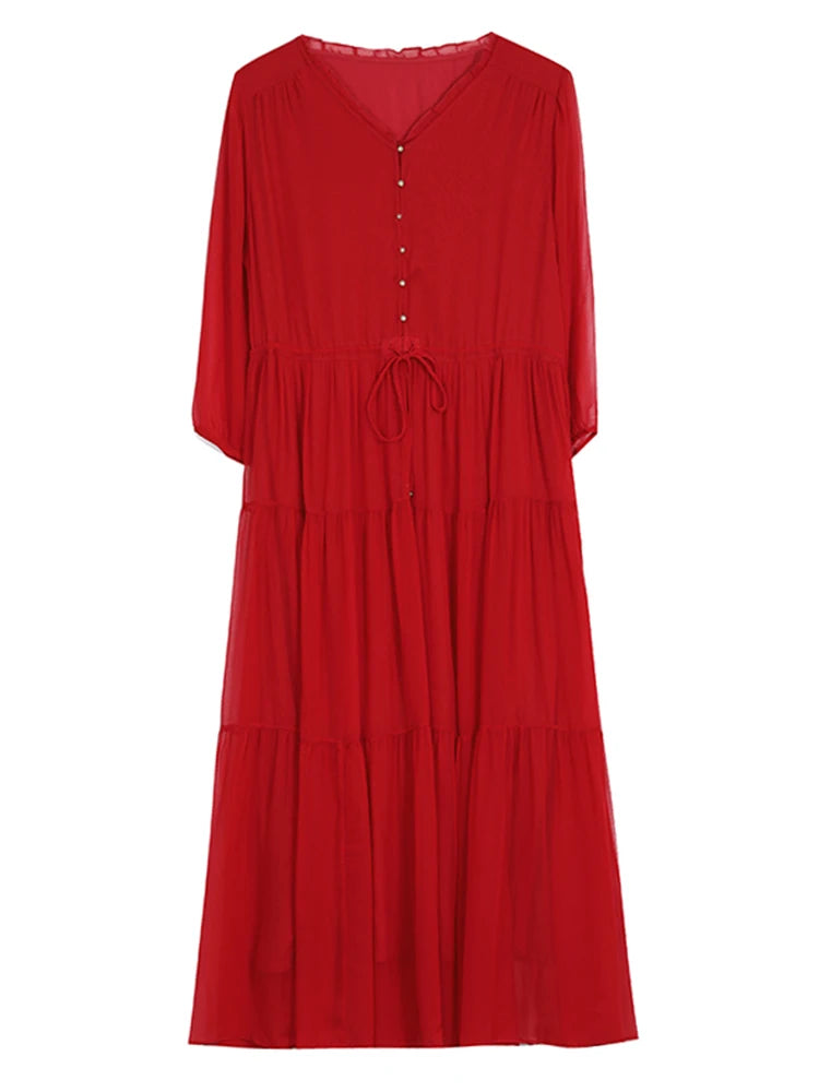 Summer New Silk Red Vintage Loose Midi Women Elegant Bodycon Evening Dress Bandage Casual Holiday Party Pretty Dress XQ295