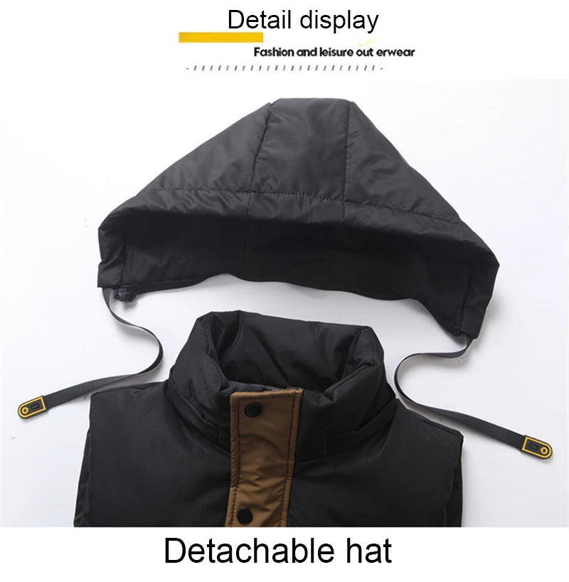 Plus Size Cotton Padded Vest for Men Warm Autumn Winter Sleeveless Jackets Hat Detachable 6XL Fashion Loose Coat Men Clothing