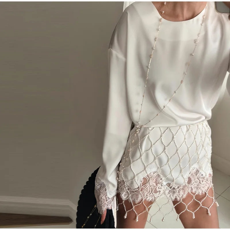 Elegant Lace Loose Dress Women Solid O-neck Full Sleeve Patchwork Dresses Female 2026 Summer White Robe Lady