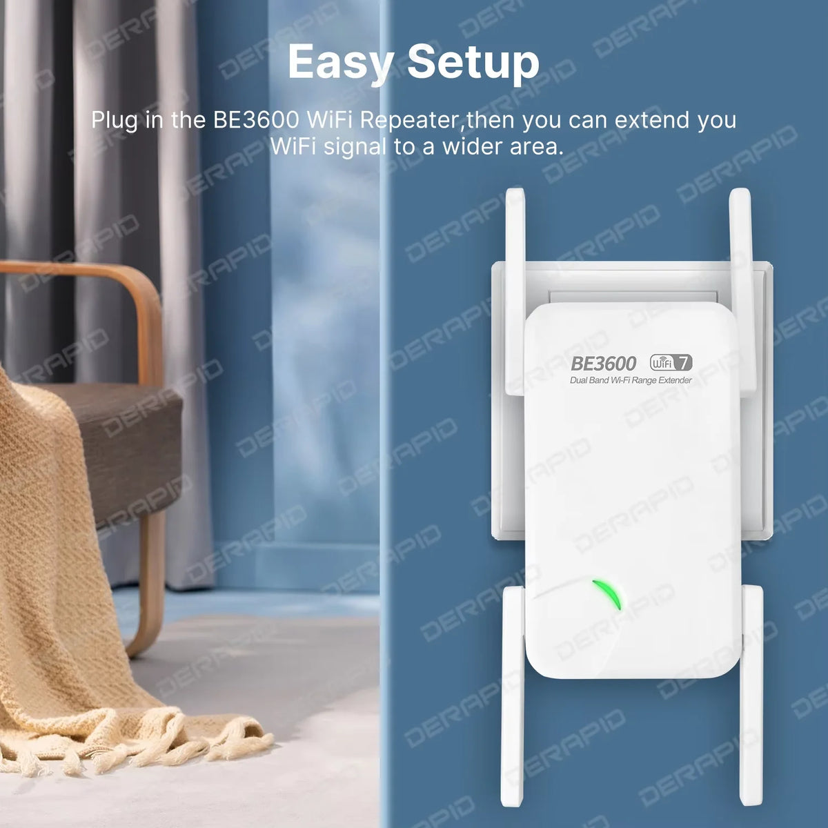 WiFi 7 3600Mbps Wi-Fi Range Extender Dual Band 2.4G 5G Repeater 4 High Gain Antennas EU US Plug Signal Booster WPS Easy Setup