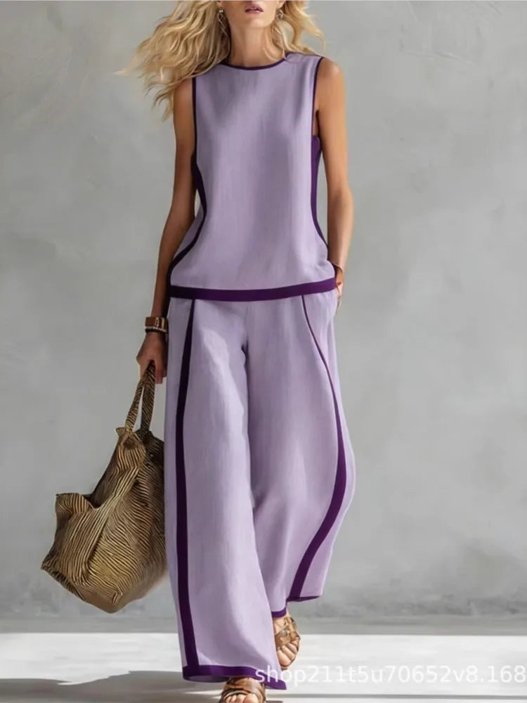 Fashion Retro Printed Sleeveless Tops Trousers 2-piece Set Women's Summer Casual Vest Loose Wide Leg Trousers Female Suit Pocket