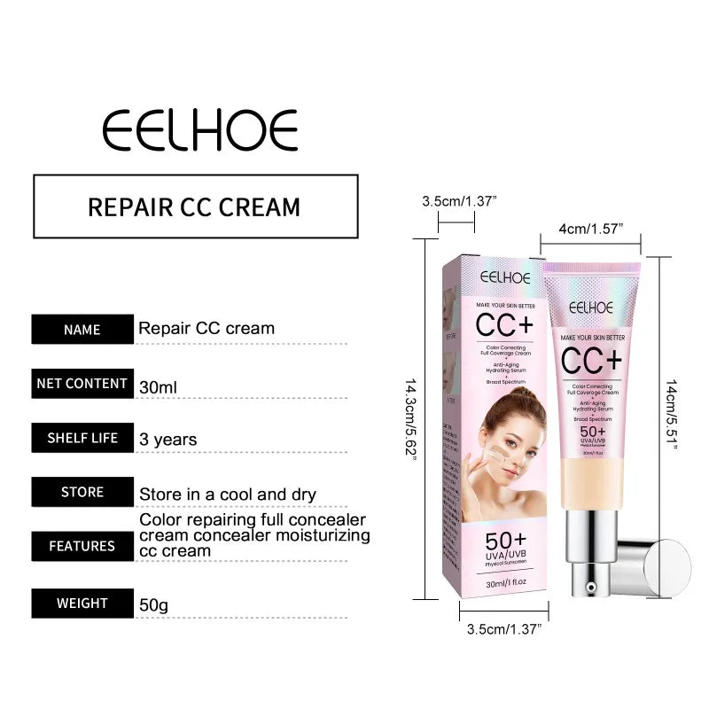 EELHOE CC Cream Foundation Spf 50 Full Coverage Blemish Cover Matte Finish Brightening Face Concealer Color Correcting Cream