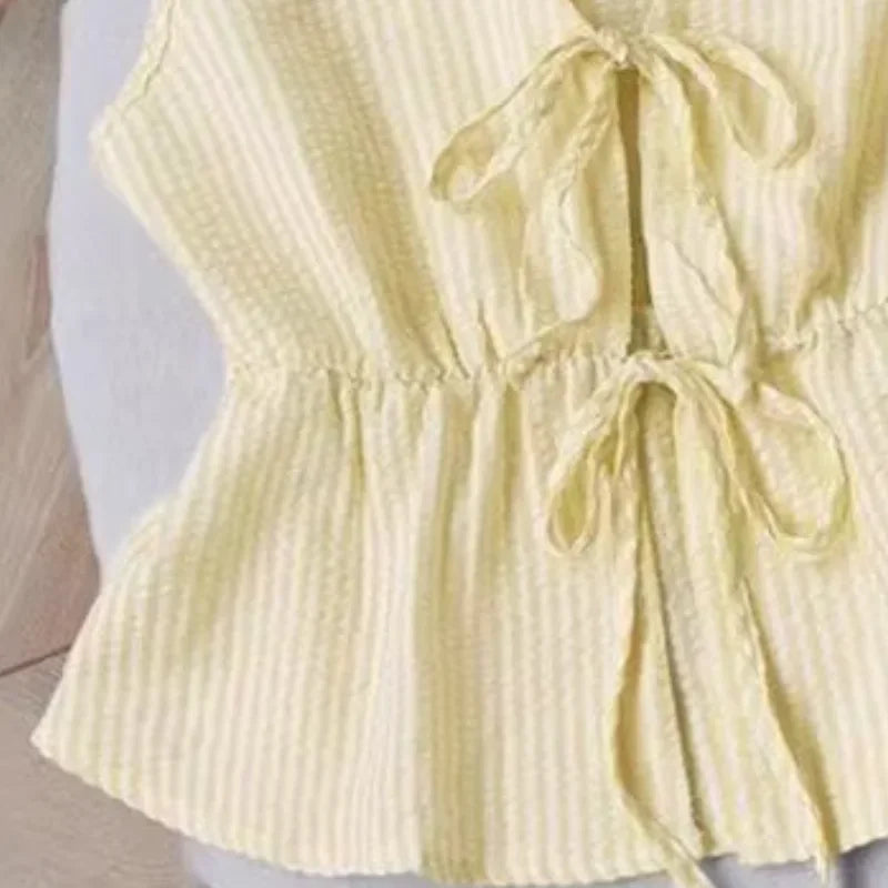 Women's Striped 2 Piece Outfits Tie Front Ruffle Tank Top Loose Fit Women Suit Summer Casual Sleeveless Lounge Sets