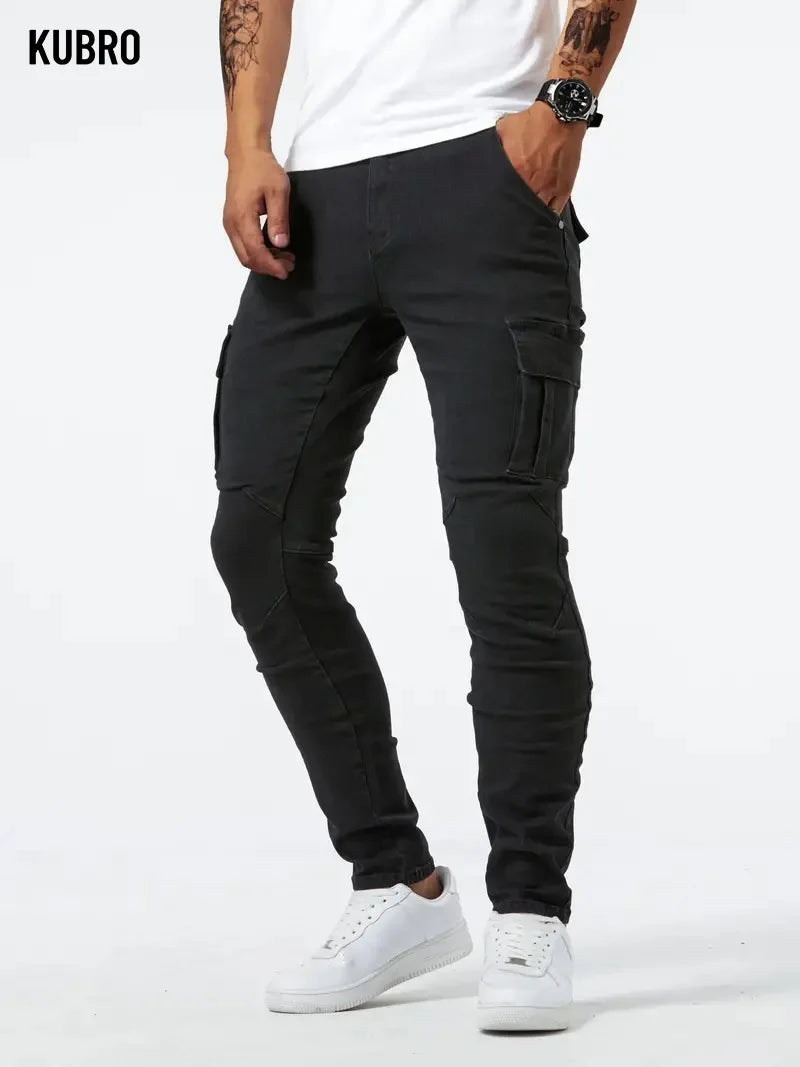 Street Elastic Jeans Men Denim Cargo Pants Wash Solid Color Multi Pockets Casual Mid Waist Trousers Slim Fit Daily Wear Joggers