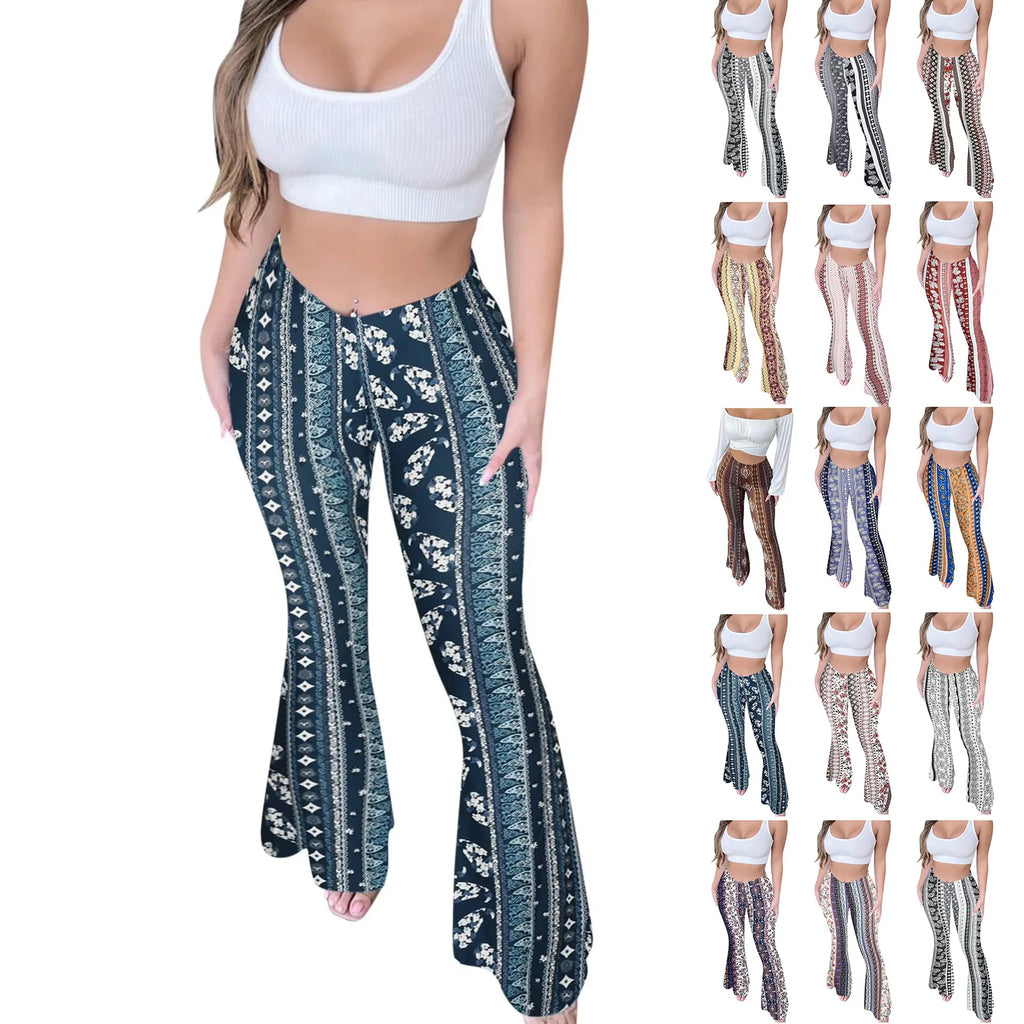Bohemian Flare Pants for Women High Waisted Stretchy Bell Bottoms Y2K Hippie Style Trousers for Beach Vacation Leggings 2026
