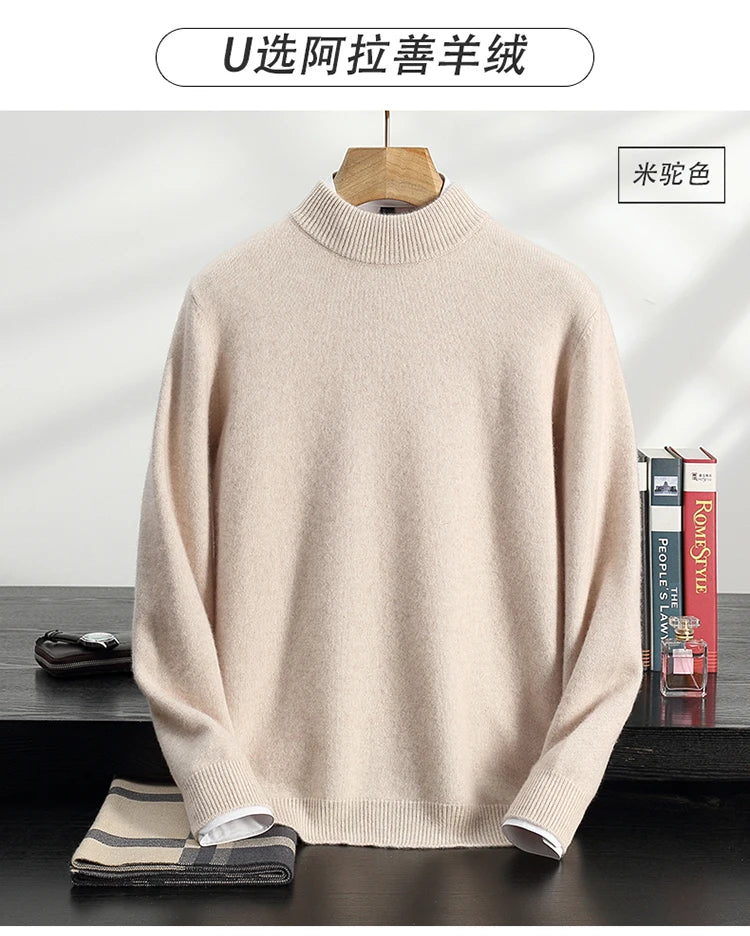 Autumn/Winter Men's 100% Cashmere Pullover Business Casual Solid Knitted Sweater Loose Half High Neck Tops Thick Warm Jumper
