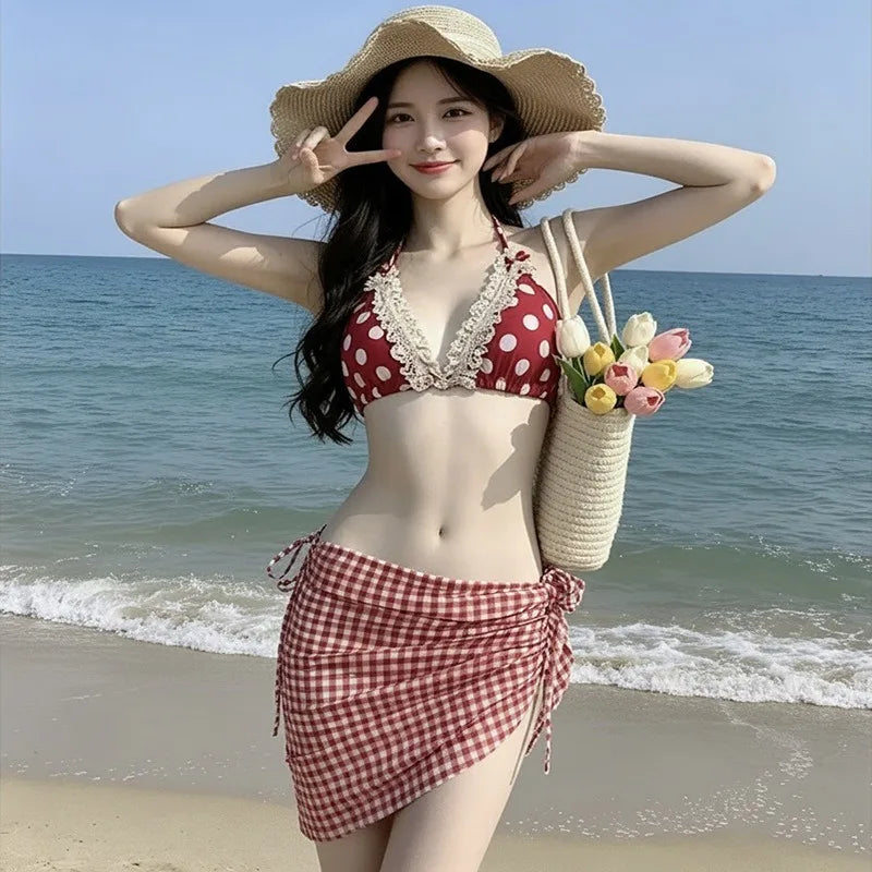 Women Summer Sexy Polka Dot Lace Ruffle Bow Halter Tie Bikini Tummy Control Slim Split Swimsuit Beach Vacation Pool Bathing Suit
