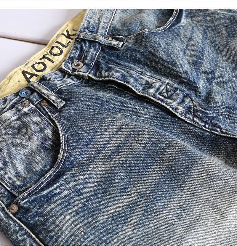 Heavyweight 100% Cotton Relaxed Straight Denim Jeans Vintage Washed & Distressed American Casual Pants for Men Amekaji Retro