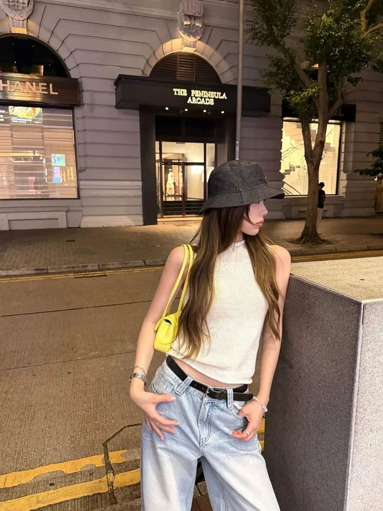 2026 Summer French Old Money Style Mock Neck Knit Tank Top Women Slim Crop Top Casual Sleeveless Streetwear Crochet Top