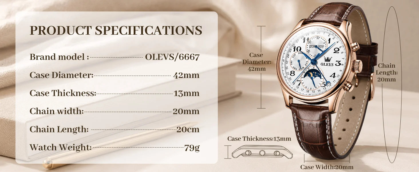 OLEVS 6667 Mens Watch Multifunctional Chronograph Mechanical Watch Leather Strap Moon Phase Watches For Man Luxury Original