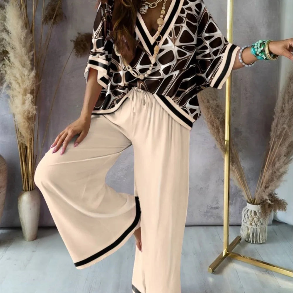 Sexy V Neck Batwing Sleeve Shirt Pants Sets For Women Spring Summer Fashion Print Blouse Trousers Two Piece Sets Femme Outfits