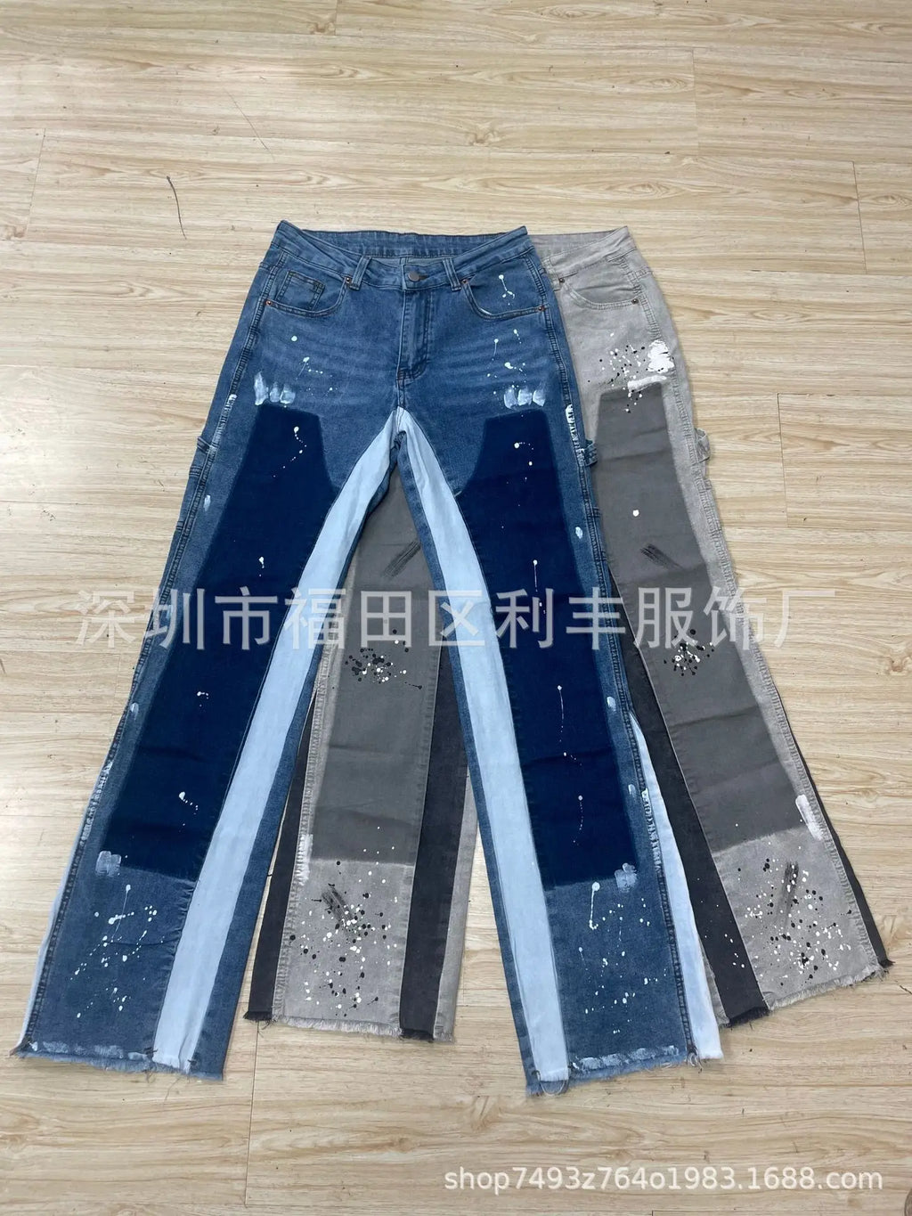 Mens Fashion Jeans Work Pants European American Style Workwear Elastic Patchwork Denim Layered Flared Pants S-XXL Streetwear