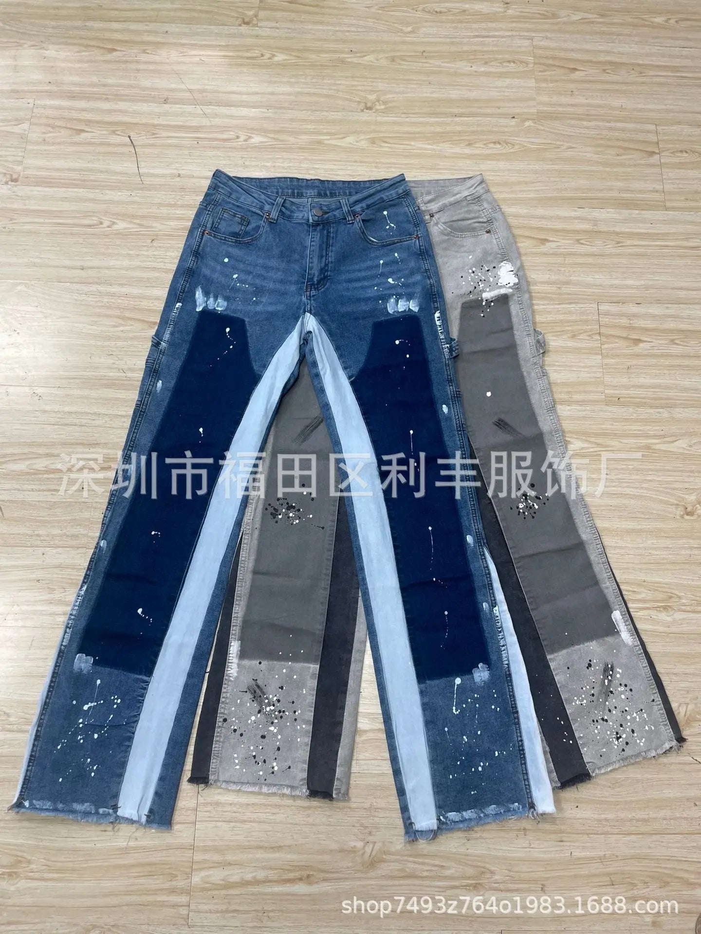 Mens Fashion Jeans Work Pants European American Style Workwear Elastic Patchwork Denim Layered Flared Pants S-XXL Streetwear