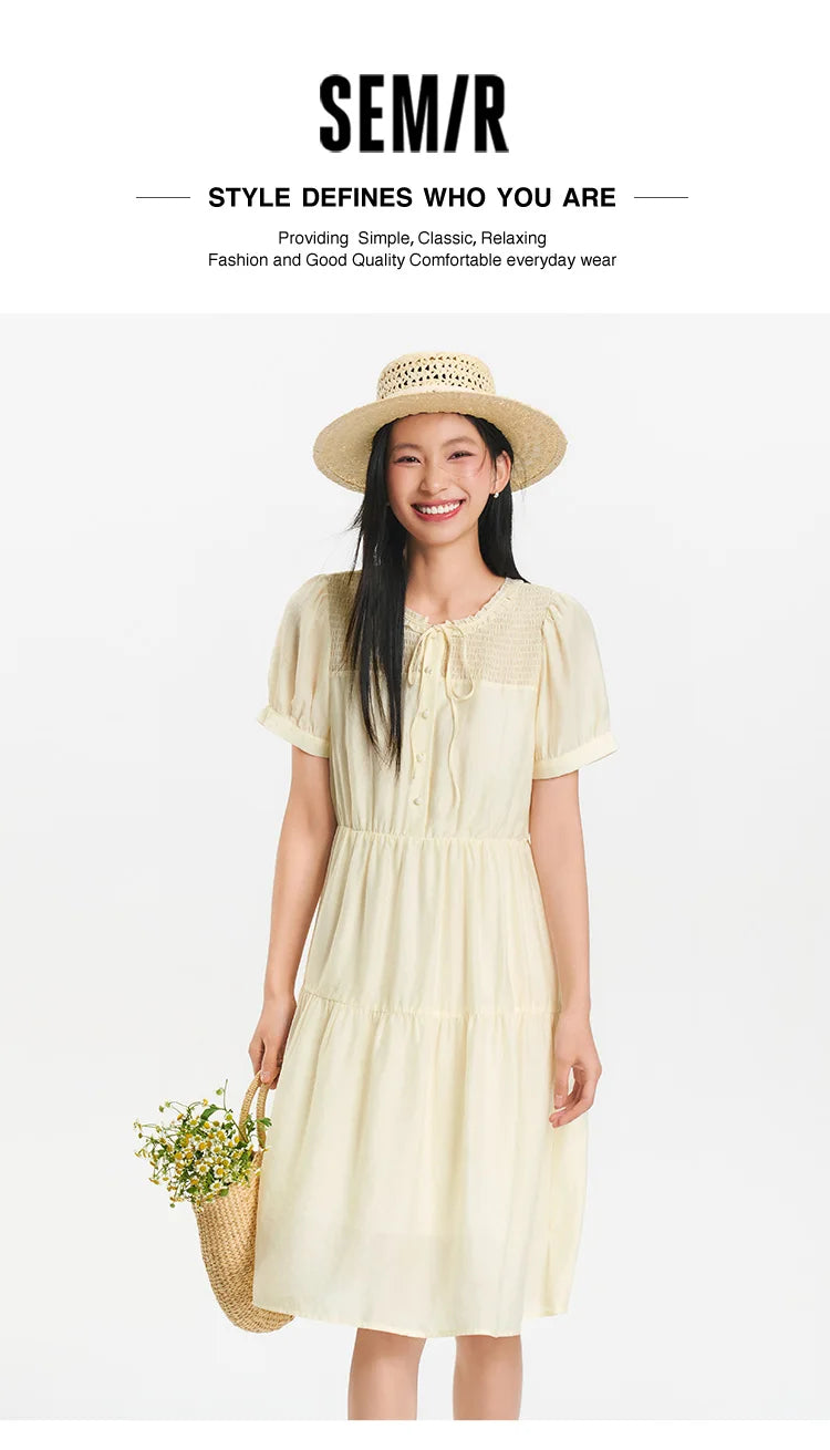 Semir Women Dress Puff Sleeve Lace Crew Neck Textured Midi French Elegant 2026 Summer Romantic Soft Comfy Daily Top