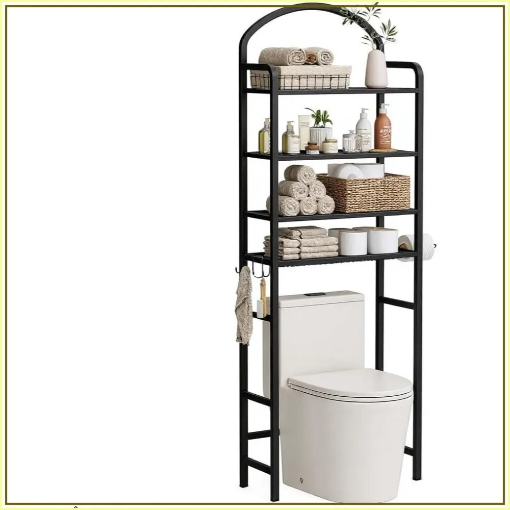 72" Over Toilet Storage Rack, 4-Tier Bathroom Organizer with Hooks & Paper Holder, Space-Saving Black Metal Shelf