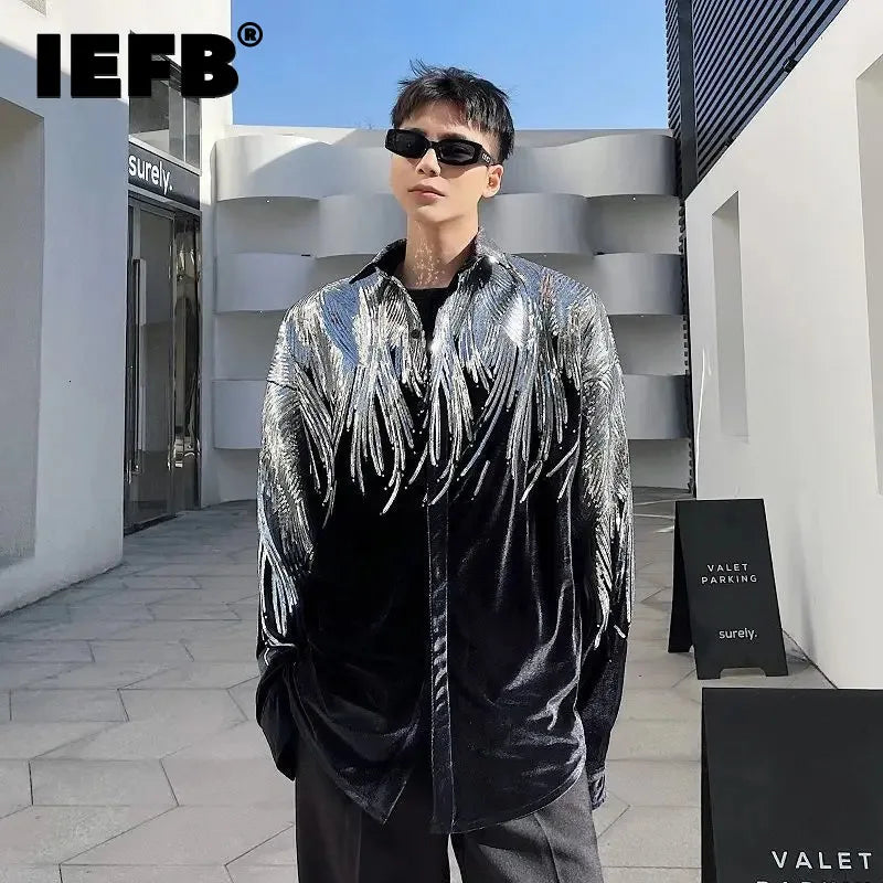 IEFB Summer Embroidery Sequin Velvet Fashionable Temperament Men's Long Sleeve Shirts Lapel Personal Design Oversize Tops 9Y6658