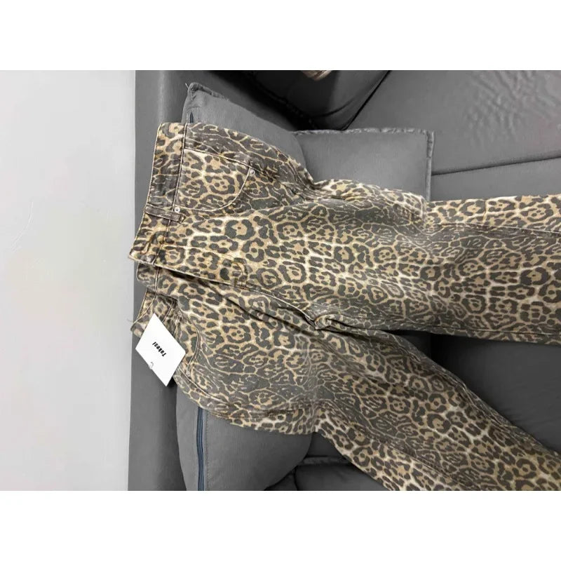 American Retro Leopard High Waist Baggy Jeans Women's Casual Pockets Hip-hop Pants 2024 Spring Y2K Oversiz Panther Denim Trouser