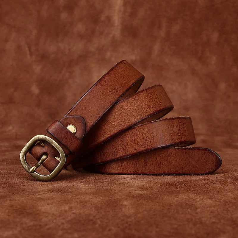 2.3CM Ladies Pure Cowhide Copper Buckle Genuine Leather Casual Jeans Thin Belt Women High Quality Retro Luxury Female Waistband